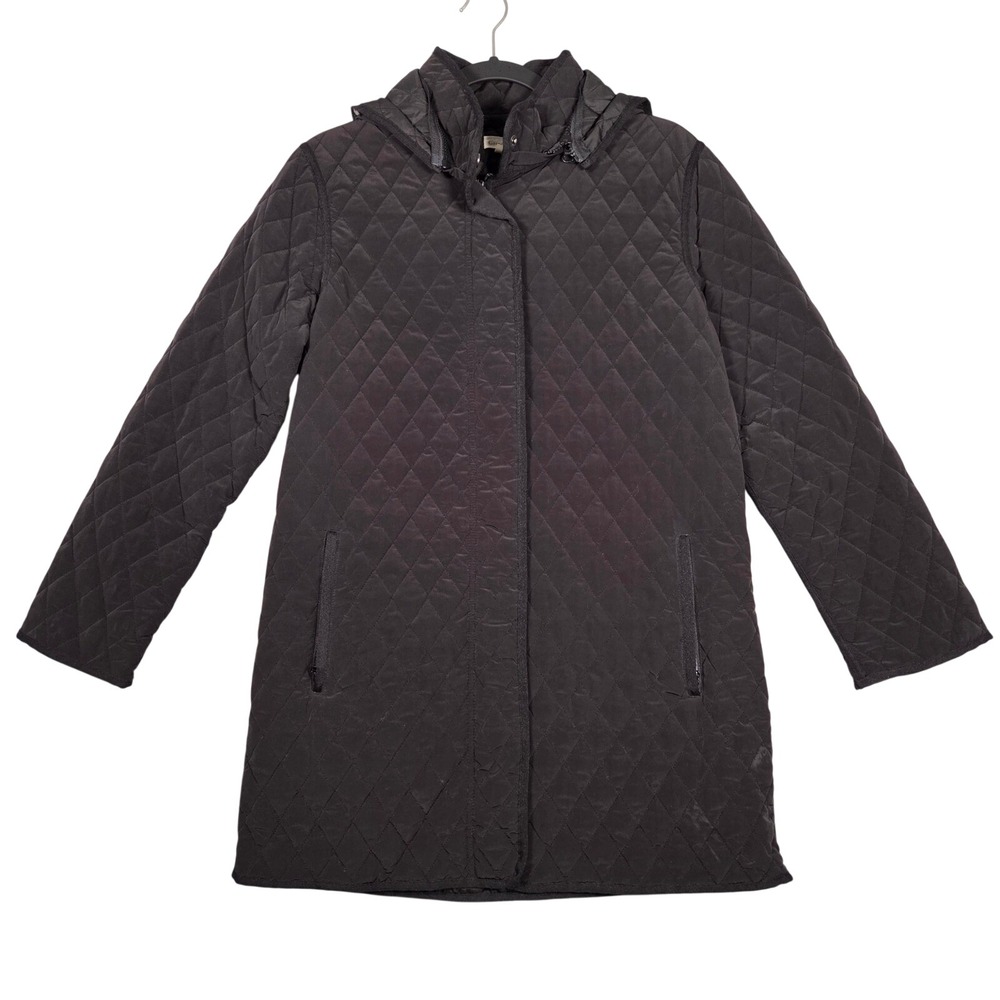 Garnet Hill Women 10 Quilted Hooded Coat Black Long Car Coat Zip Recess